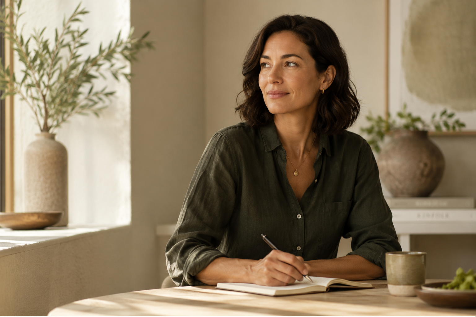 Woman 40-50, active, natural light - warm, editorial